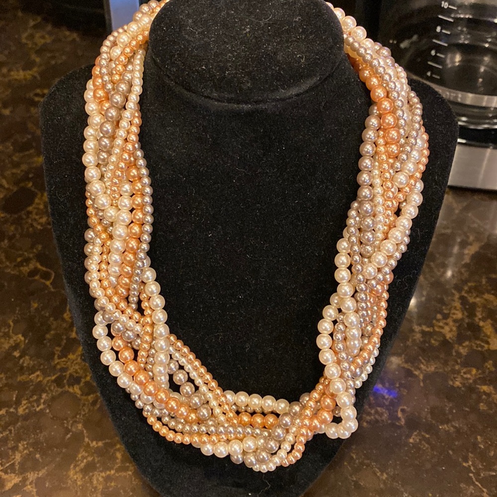 Pearl necklace 9 Strands of Faux multi colored Pearls with pierced earrings!